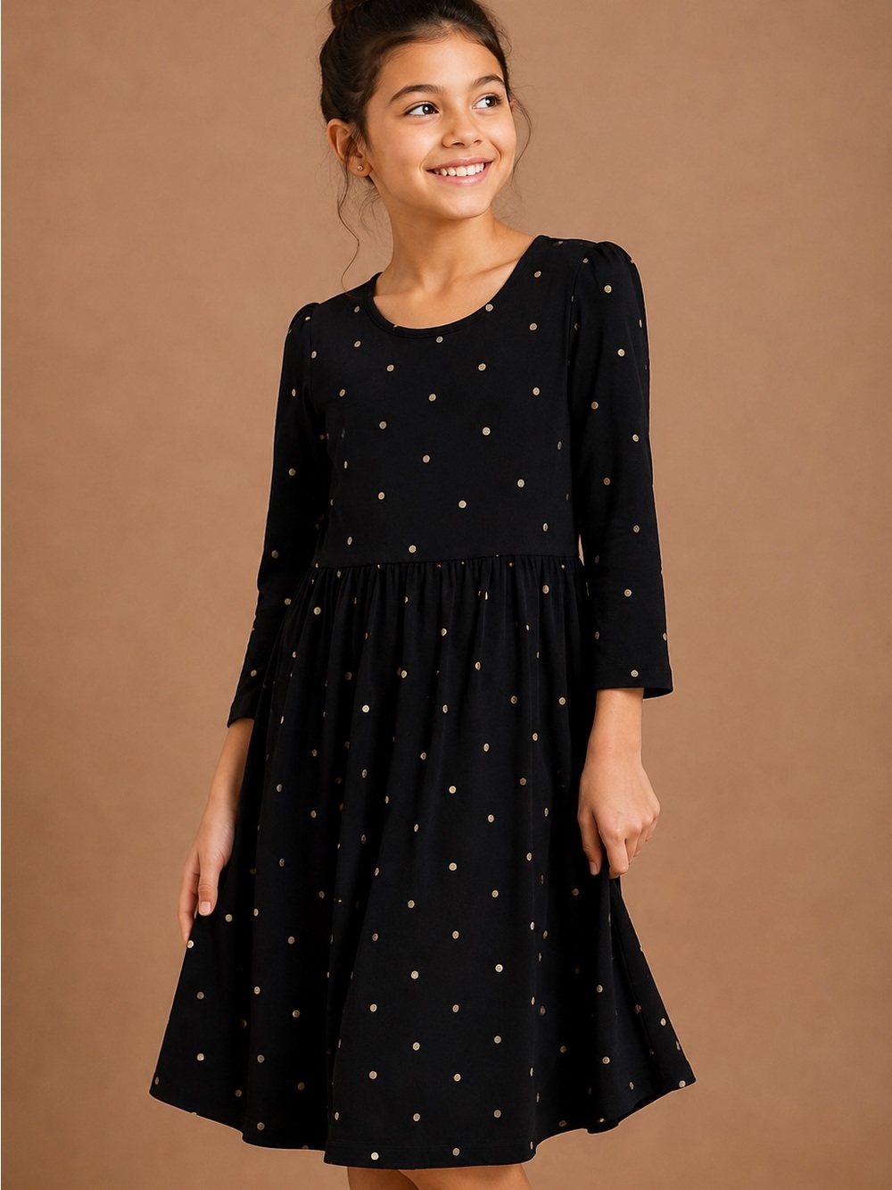 Old Navy Girls Size 8 Black Gold Polka Dot Long Sleeve Holiday Dress